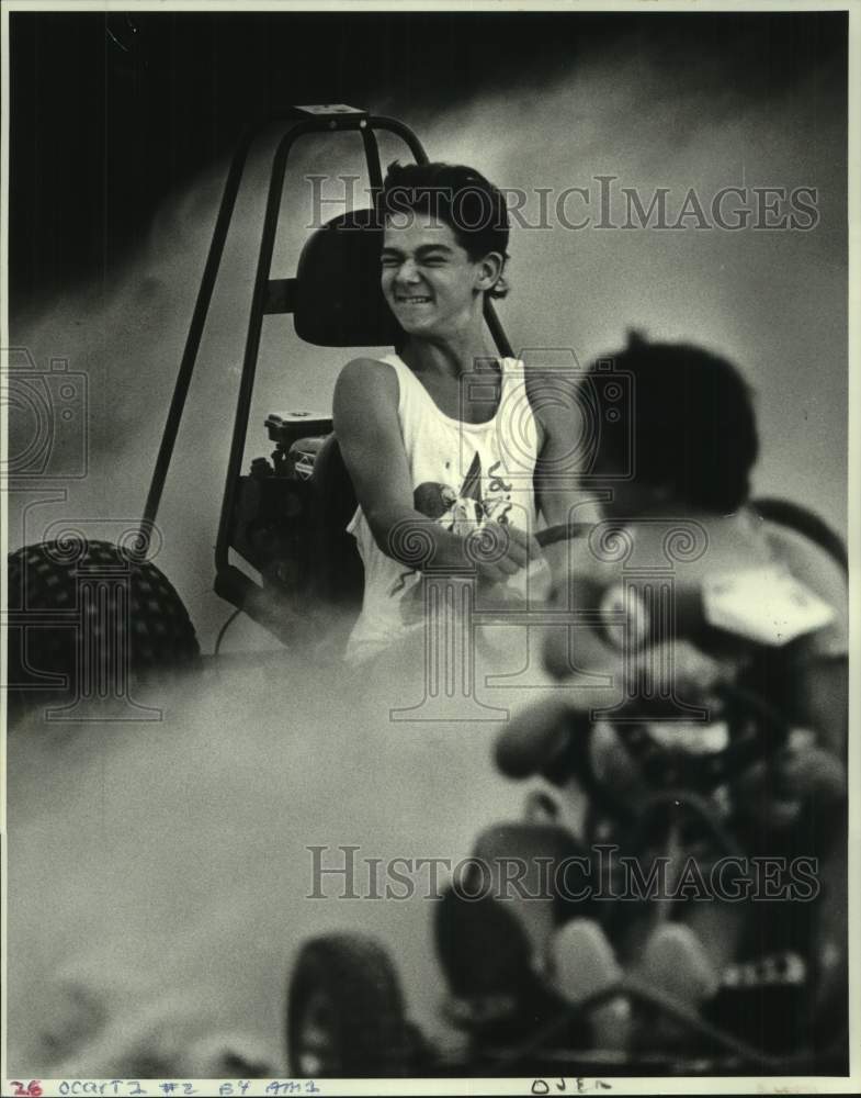 1987 Press Photo Go-cart racer Bryan Dupont &amp; friends play on Cleary Avenue- Historic Images