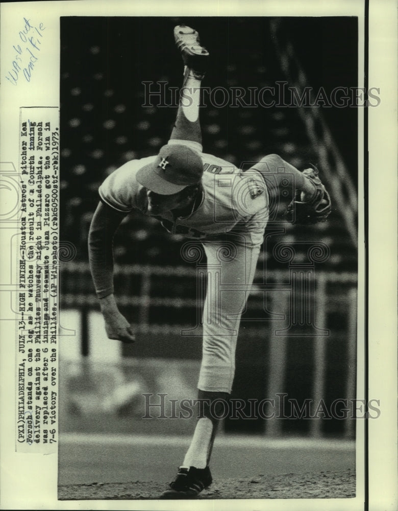 1973 Press Photo Standing on one leg is Houston Astro&#39;s pitcher Ken Forsch.-Historic Images