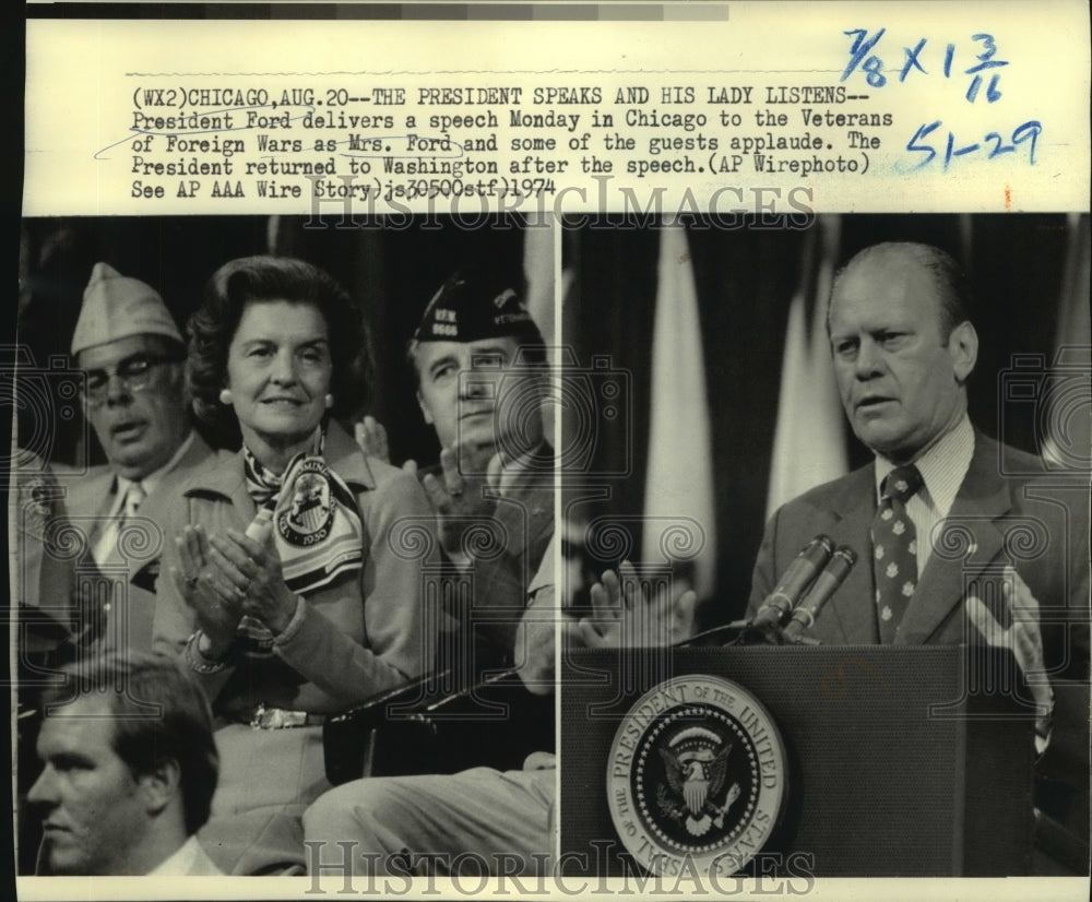 1974 President Ford speaks at VFW as Mrs. Ford applauds - Historic Images