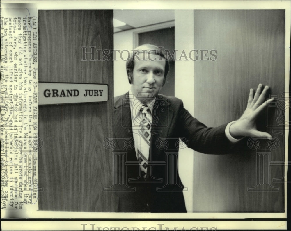 1974 Newsman William Farr stands at the door of the grand jury. - Historic Images