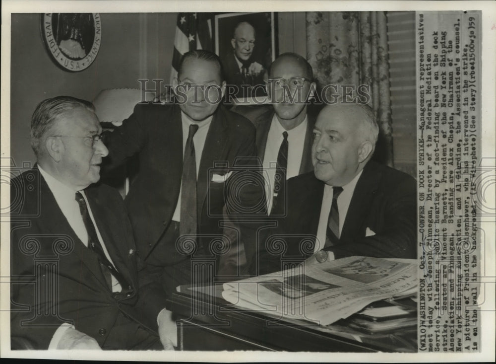 1959 Joseph Finnegan &amp; others confer on dock strike - Historic Images