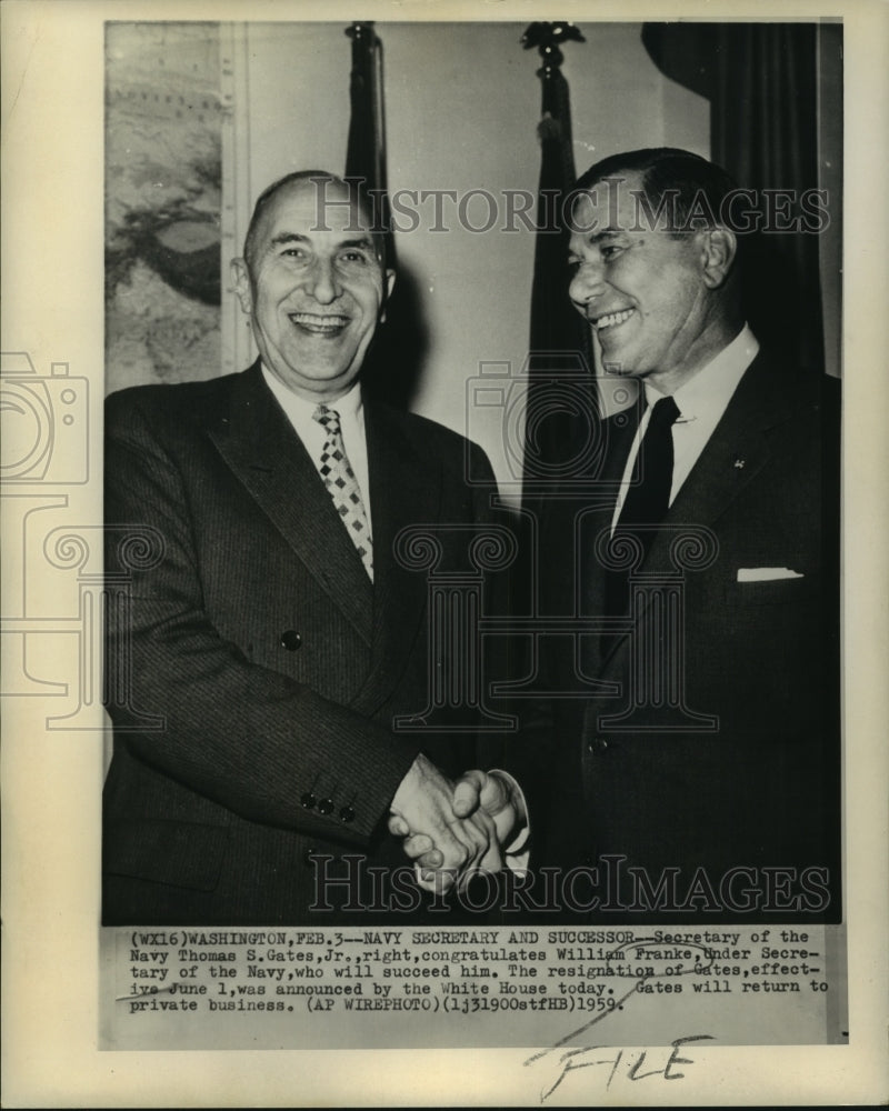 1959 Press Photo Secretary of Navy Thomas Gates congratulates William Franke-Historic Images