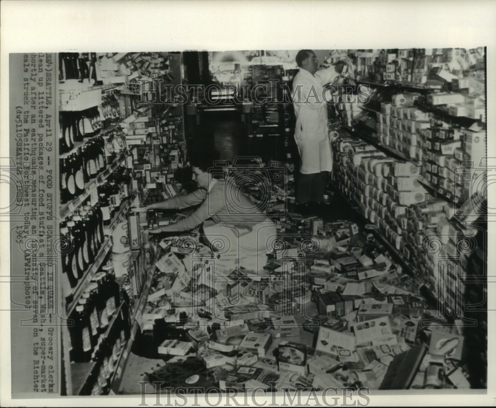 1965 Supermarket clerks clean up after earthquake in Seattle - Historic Images