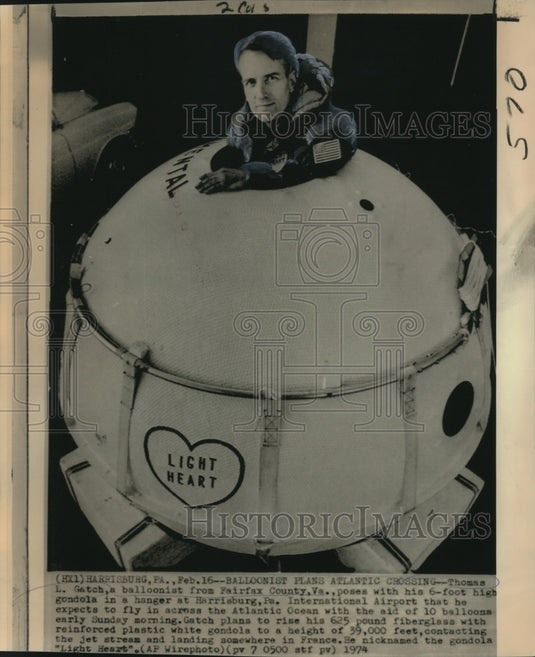 1974 Balloonist Thomas Gatch inside "Light Heart," gondola - Historic Images