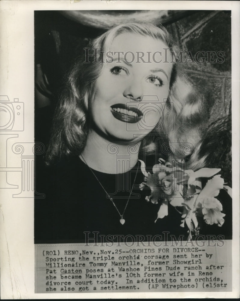 Press Photo Pat Gaston poses at Washoe Pines Dude ranch with orchid corsage-Historic Images