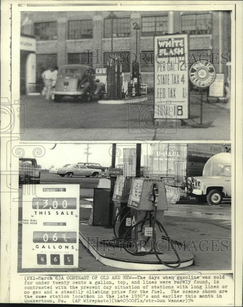 1974 Press Photo Contrast of old, 1930&#39;s, and present day price of gas-Historic Images