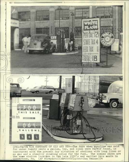 1974 Press Photo Contrast of old, 1930's, and present day price of gas-Historic Images