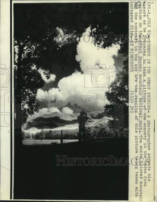 1970 Photo being taken at Great Smokey Mountain Park's Cades Cove - Historic Images