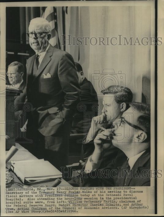 1966 Treasury Secretary Fowler & others meet at Bethesda Hospital - Historic Images