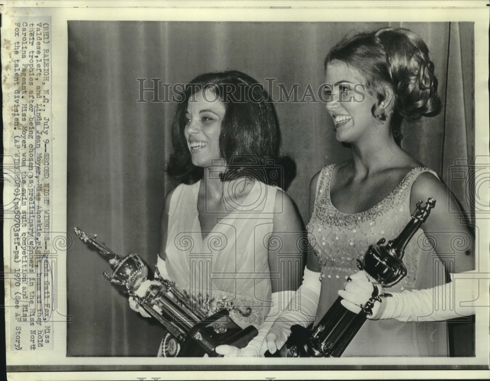 1970 Trophy winners Brenda Fox &amp; Linda Moyer in Miss NC pageant - Historic Images