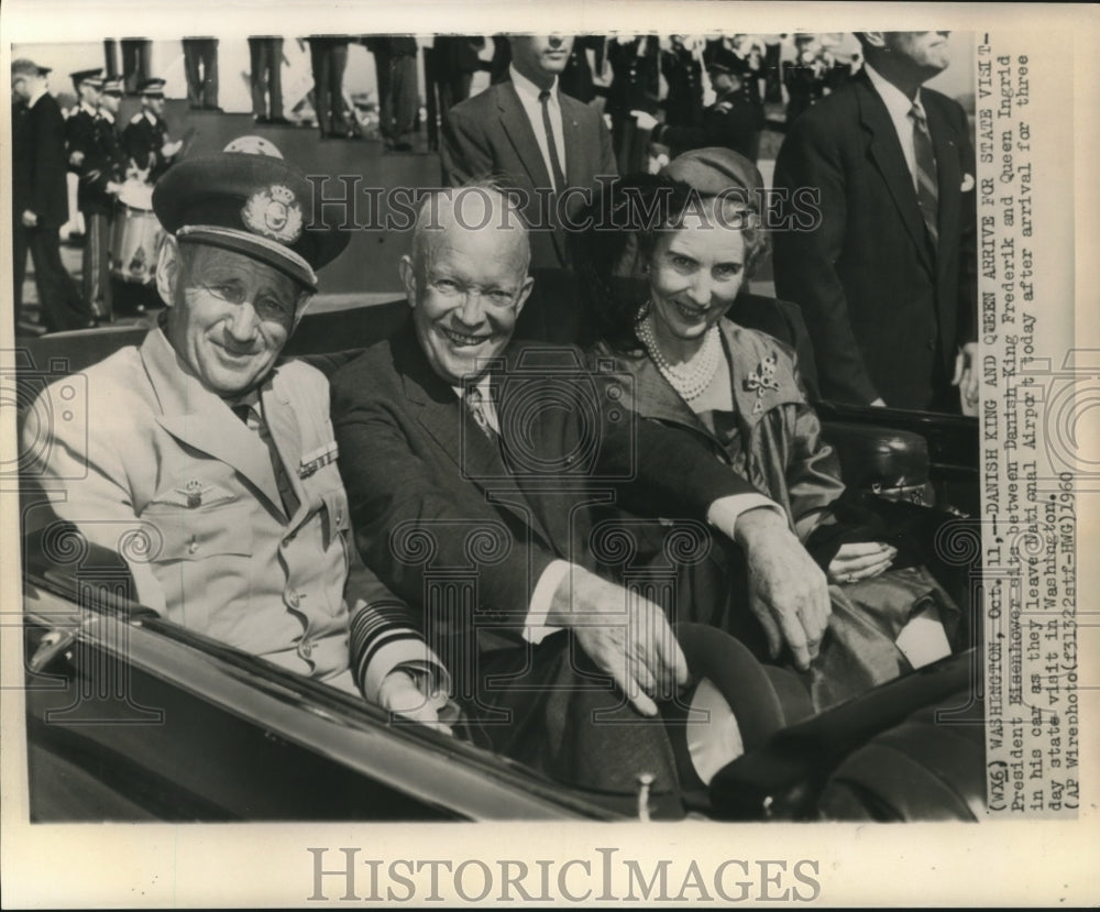 1960 President Eisenhower &amp; Danish King Frederik &amp; Queen ride in car - Historic Images