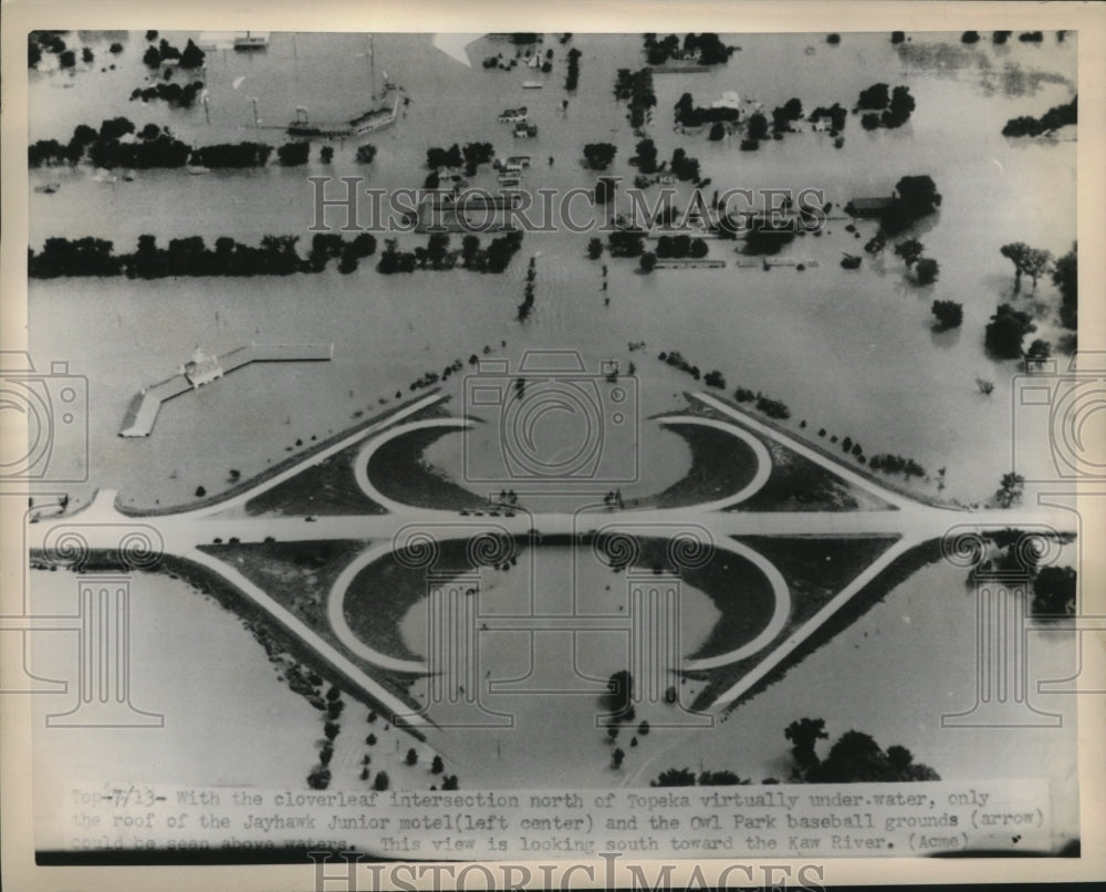 1951 Cloverleaf intersection north of Topeka covered by flooded Kaw - Historic Images