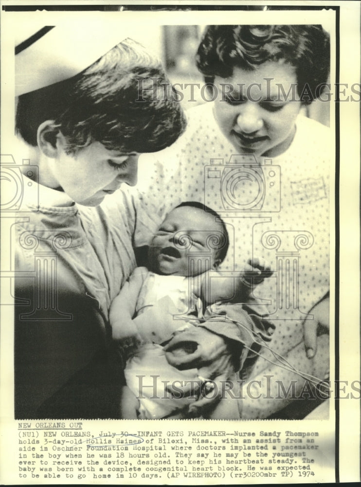 1974 Pacemaker patient Hollis Haines with nurse and aide - Historic Images