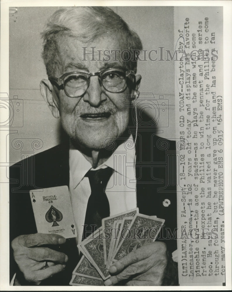 1964 Clayton Eby celebrates 102nd birthday playing pinochle - Historic Images