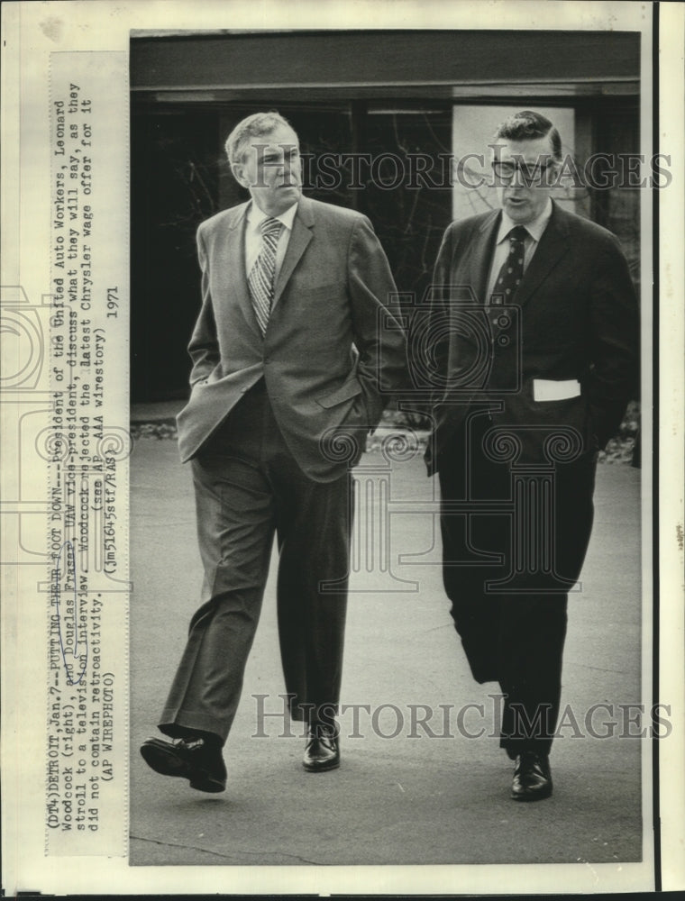 1971 UAW officials Woodcock &amp; Fraser stroll to television interview - Historic Images