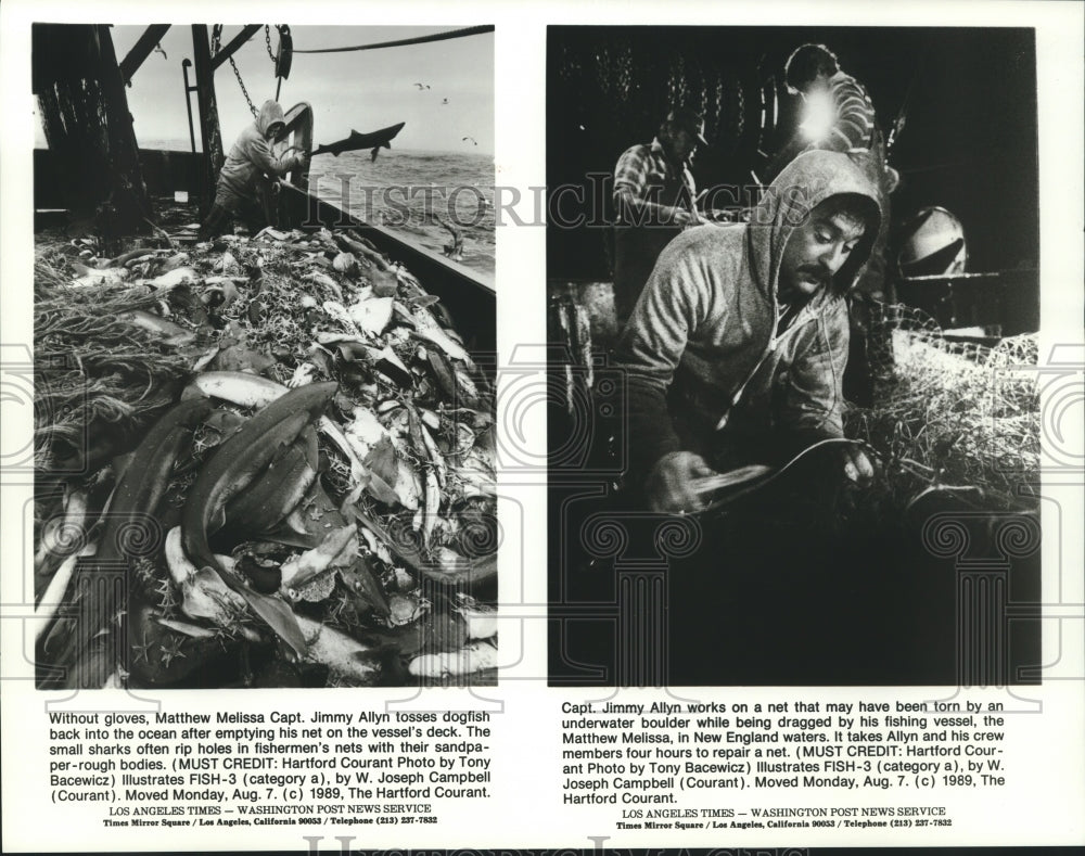 1989 Captain Allyn throws back dogfish &amp; repairs net in Georges Bay - Historic Images