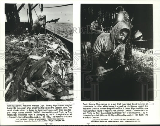 1989 Captain Allyn throws back dogfish & repairs net in Georges Bay - Historic Images