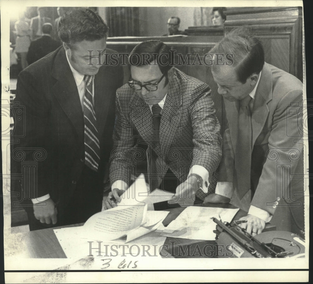 1972 Senator Robert Guillory &amp; others confer over Super-Port bill - Historic Images