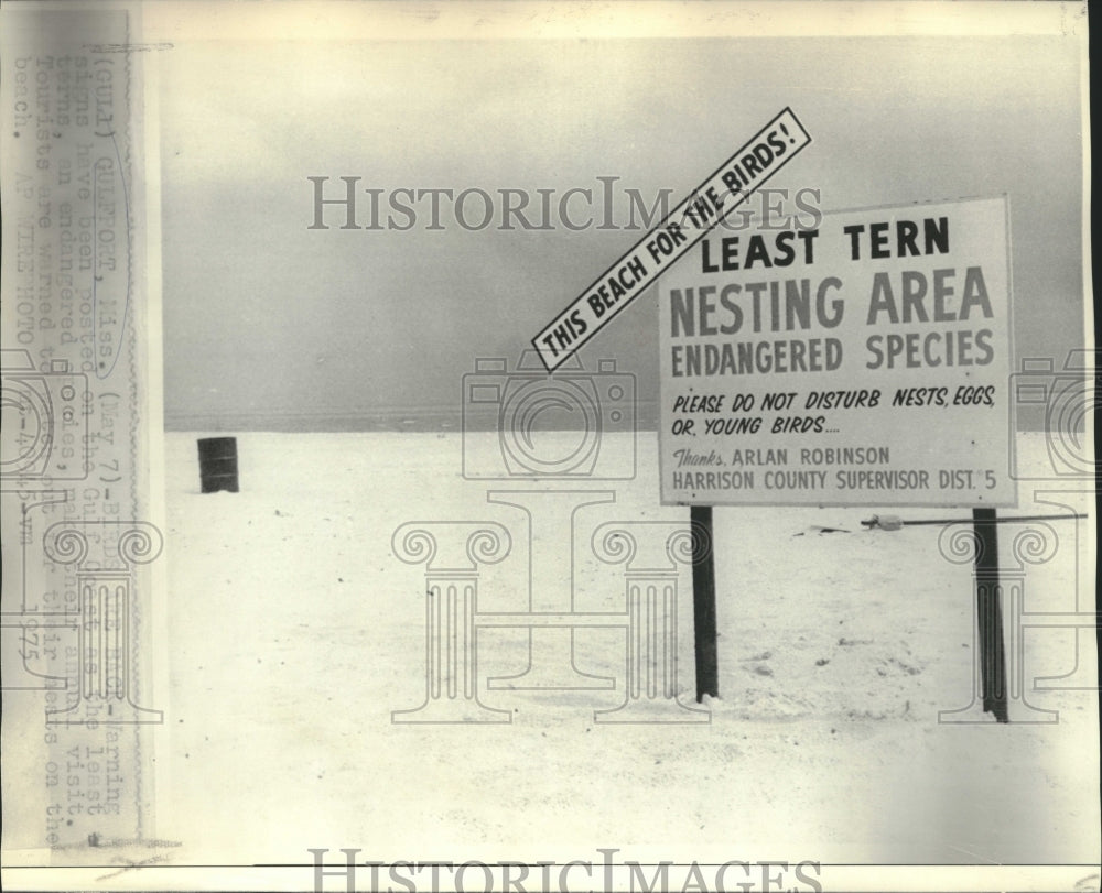 1975 Press Photo Gulf Coast Least Tern nesting area signs posted in Mississippi-Historic Images