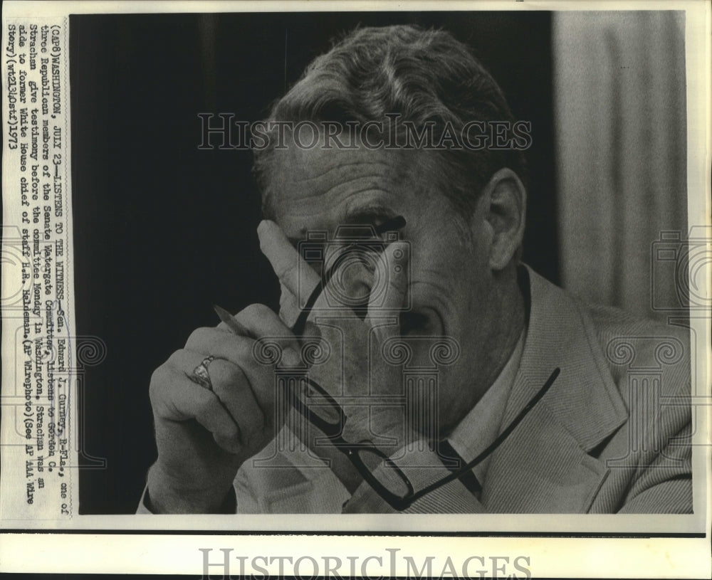 1973 Senator Gurney listens to testimony at Senate Watergate hearing - Historic Images