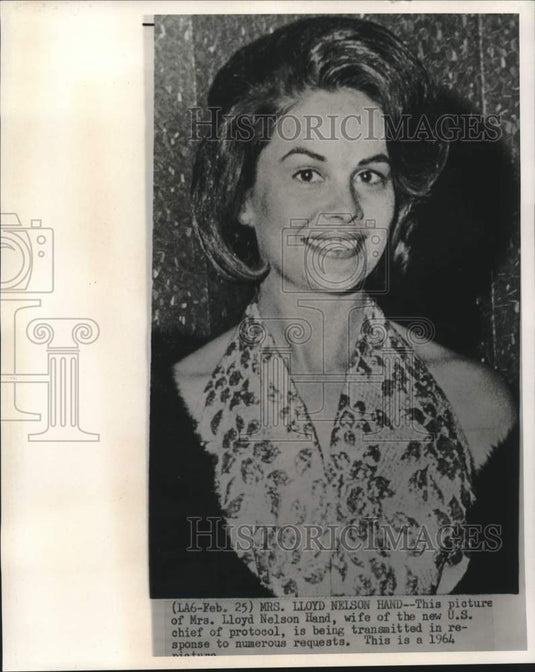 1964 Press Photo Mrs. Lloyd Nelson Hand, wife of new U.S. Chief of Protocol. - Historic Images
