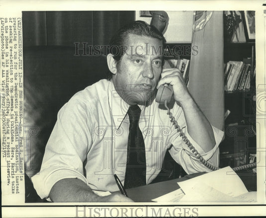 1971 Senator Fred Harris in a telephone interview in Washington - Historic Images