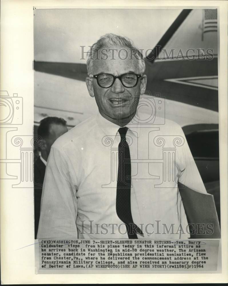 1964 Senator Barry Goldwater steps from plane in Washington, D.C. - Historic Images