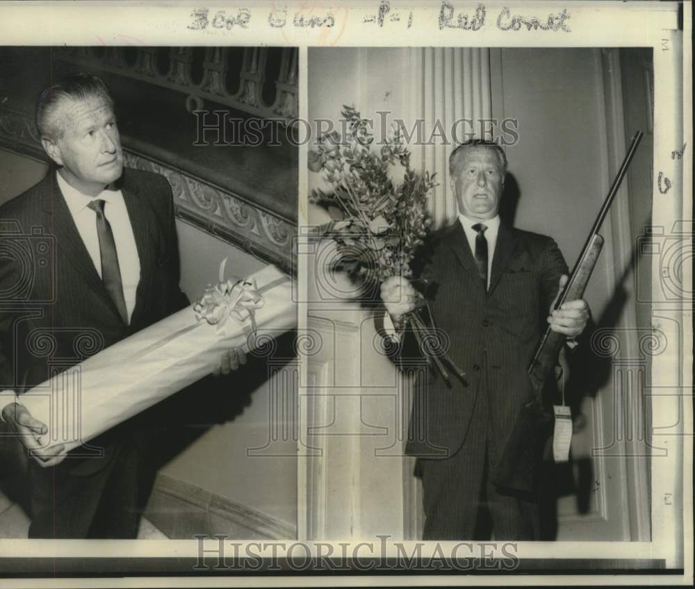 1967 Press Photo Herman Glaser illustrates rifle concealed in box of flowers-Historic Images