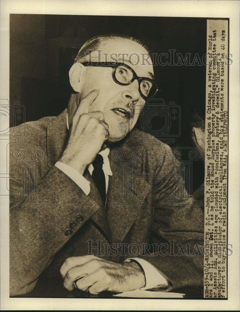 1946 Press Photo John P. Gilmore speaks at House Surplus Investigating Committee - Historic Images