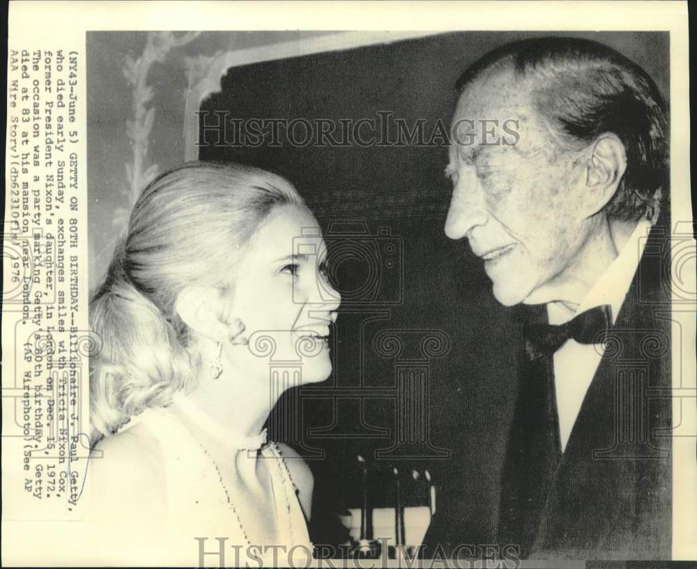 1972 J. Paul Getty &amp; Tricia Nixon Cox on Getty&#39;s 80th birthday - Historic Images