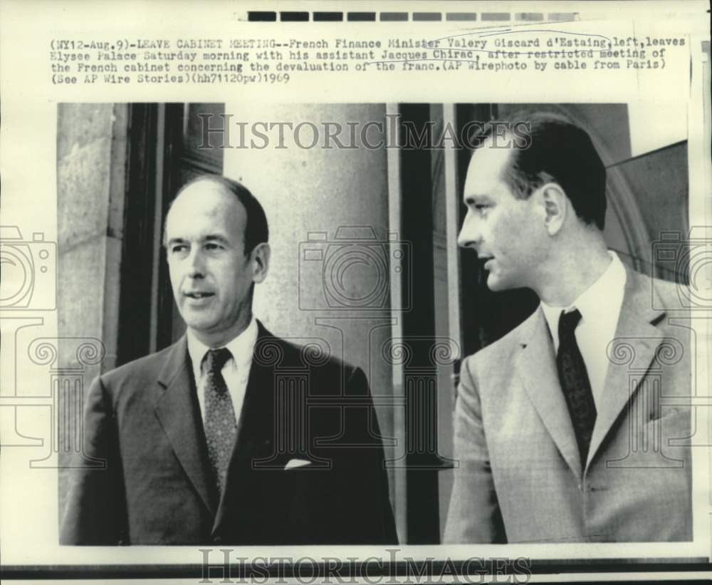 1969 French Finance Minister d&#39;Estaing &amp; another leave Elysse Palace - Historic Images