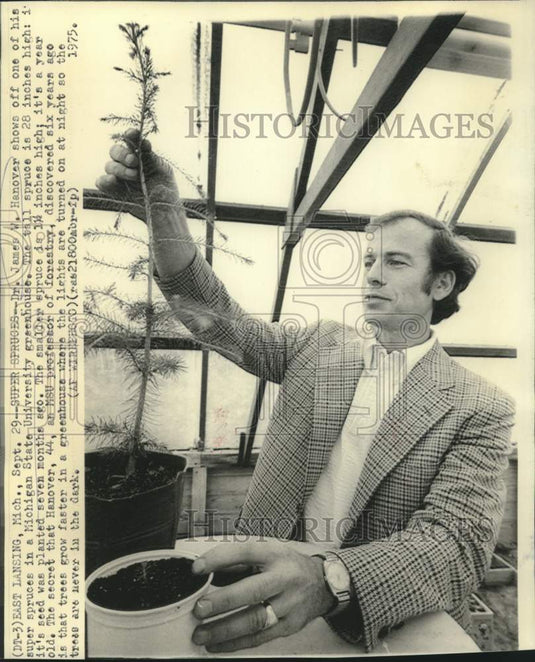 1975 MSU's Dr. Hanover compares greenhouse tree to outside tree - Historic Images