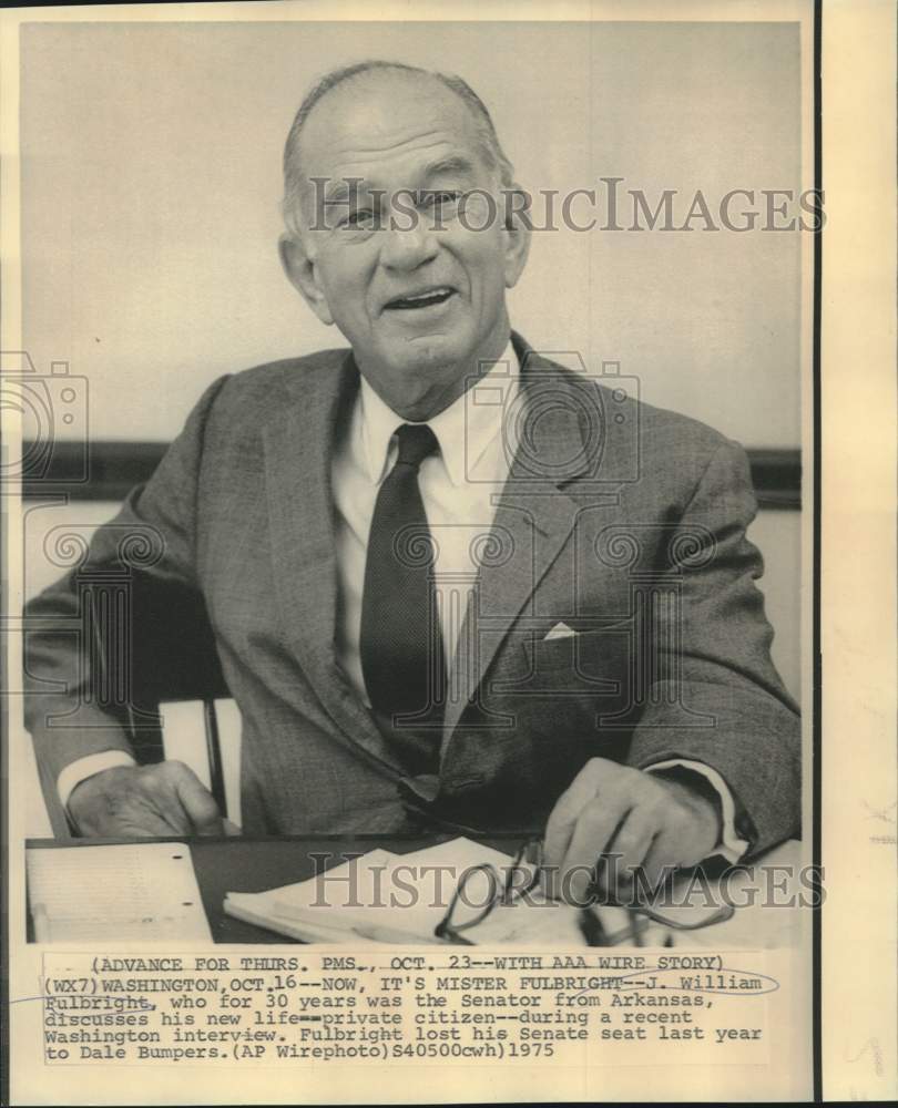 1975 Former Arkansas Senator J. William Fulbright in interview - Historic Images