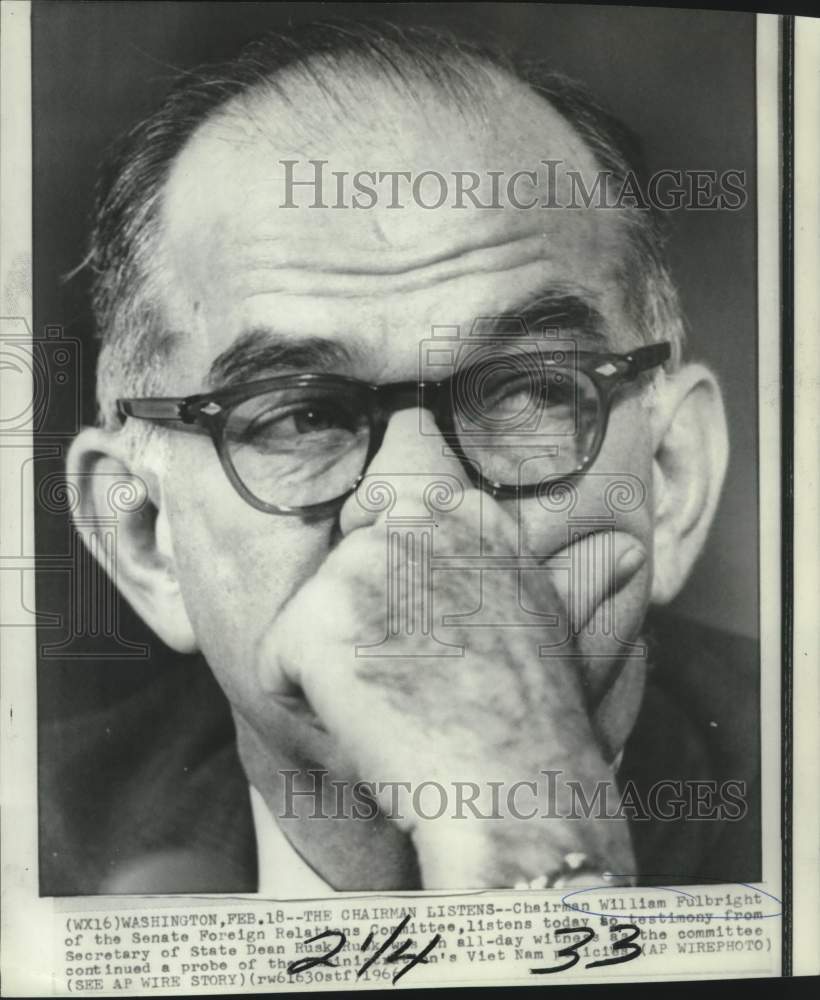 1966 William Fulbright, Senate Foreign Relations chairman listens - Historic Images