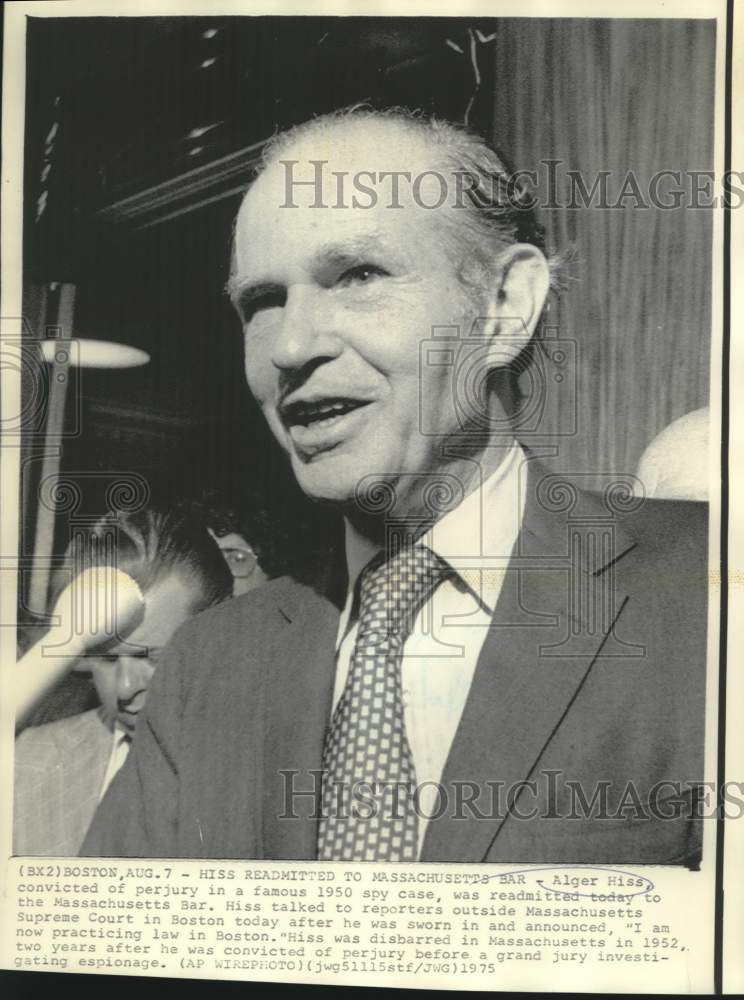 1975 Alger Hiss with reporters outside MA Supreme Court Building - Historic Images