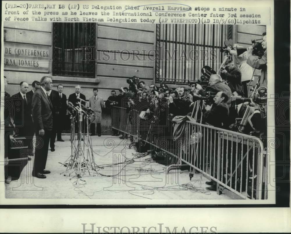 1968 Averell Harriman with press at International Conference Center - Historic Images