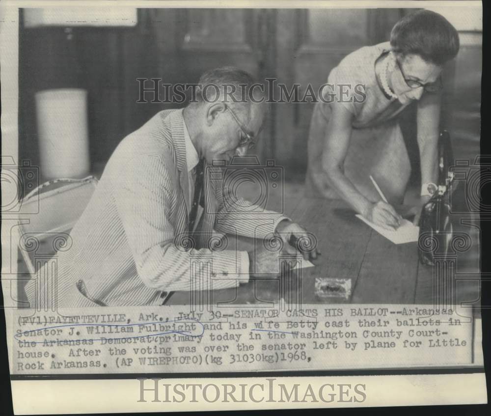 1968 Arkansas Senator Fulbright &amp; wife, Betty, cast their ballots - Historic Images