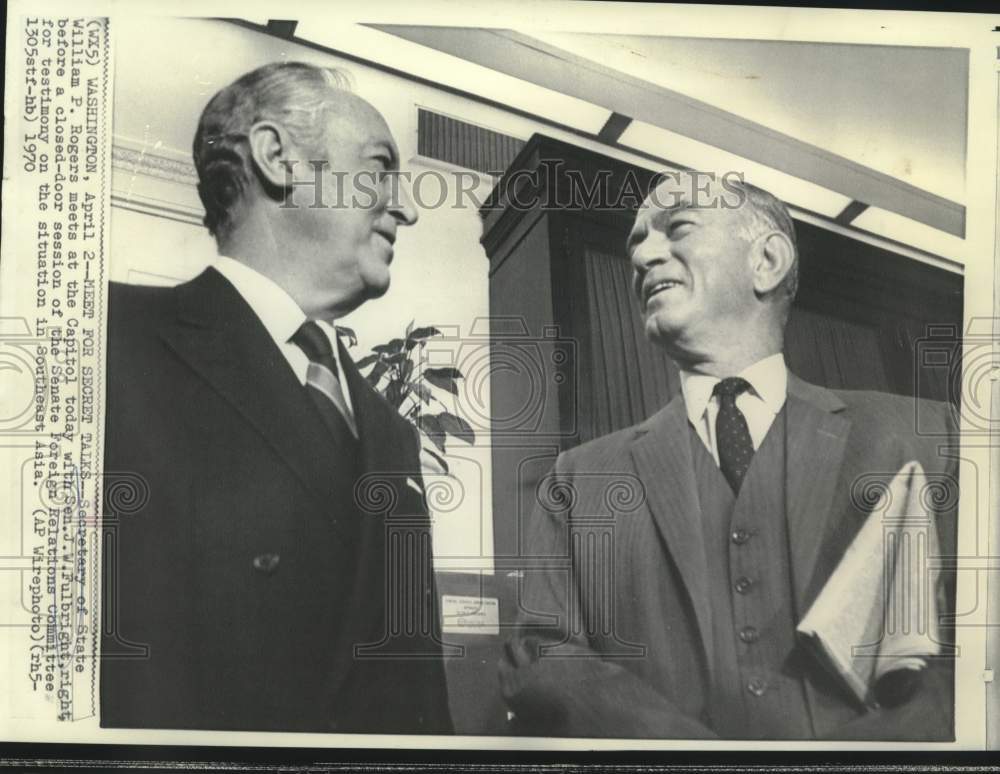 1970 Senator Rogers &amp; Senator Fulbright meet for closed-door session - Historic Images