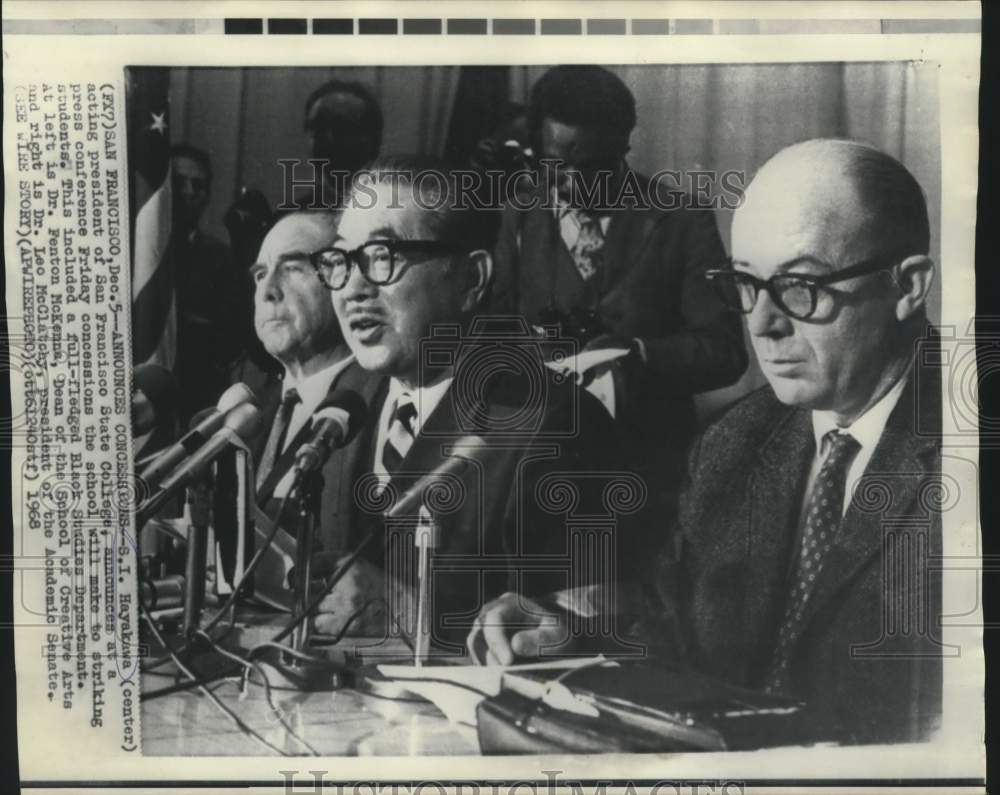 1968 S.I. Hayakawa & others of San Francisco State with newsmen - Historic Images