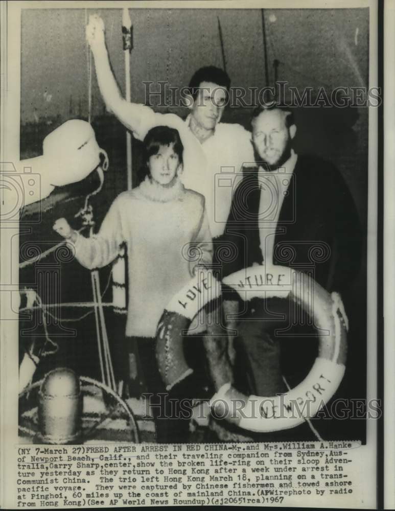 1967 Mr. &amp; Mrs. William Hanke with Garry Sharp aboard &quot;Adventure.&quot; - Historic Images