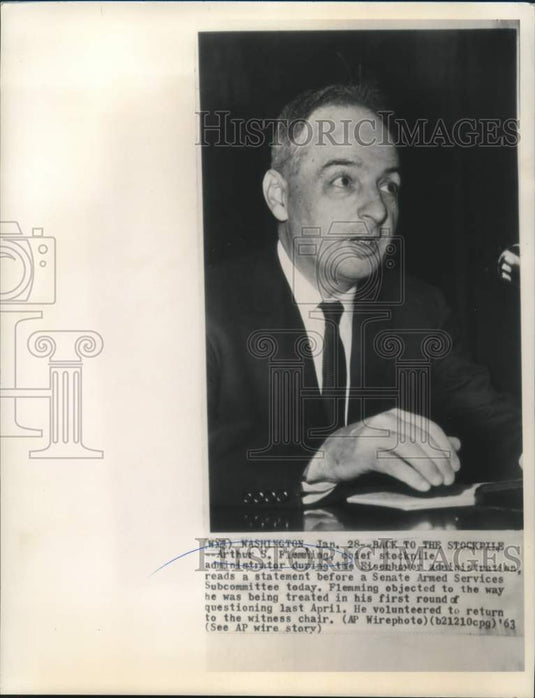 1963 Press Photo Arthur S. Flemming before Senate Armed Services Subcommittee-Historic Images