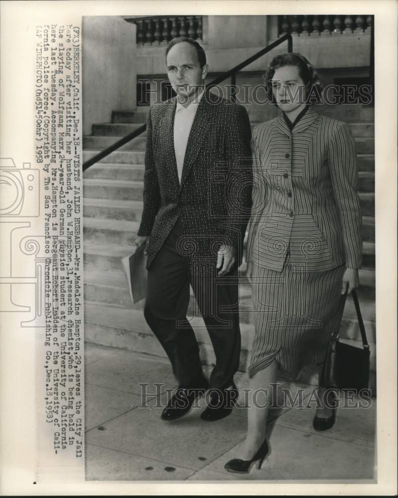 1958 Madeleine Hampton &amp; Sgt. Ludden leave City Jail in Berkeley, CA - Historic Images