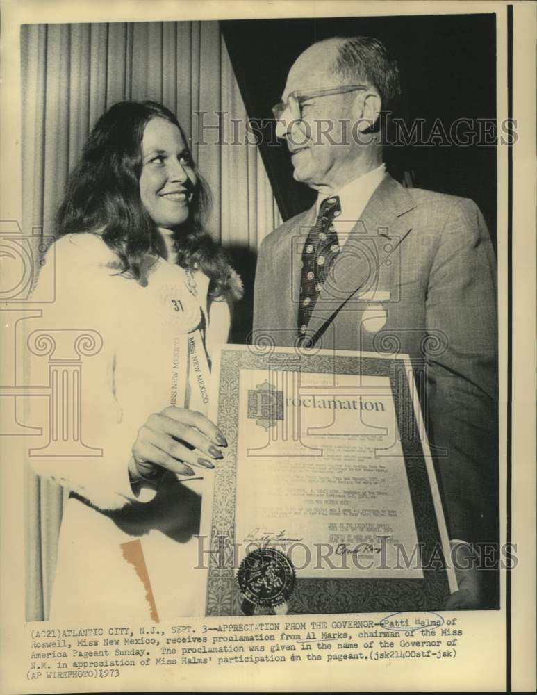 1973 Pattie Helms of NM receives proclamation from Al Marks in NJ - Historic Images