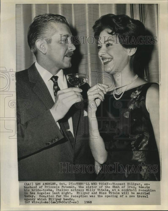1960 Vincent Hillyer toasts his bride-to-be Milly Vitale in CA - Historic Images