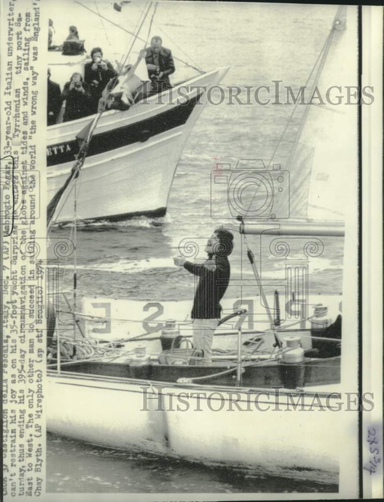 1974 Ambrogio Fogar aboard 35-foot yacht "Surprise," in Italy - Historic Images