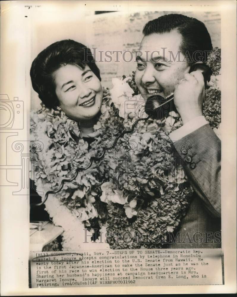 1962 Senator &amp; Mrs. Daniel Inouye accept congratulations on election - Historic Images