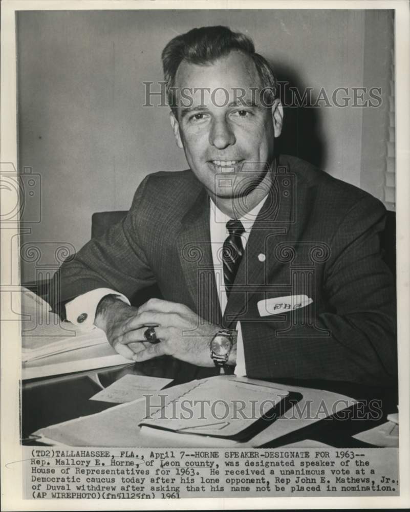 1961 Press Photo Representative Mallory Horne, Florida House Speaker designate-Historic Images