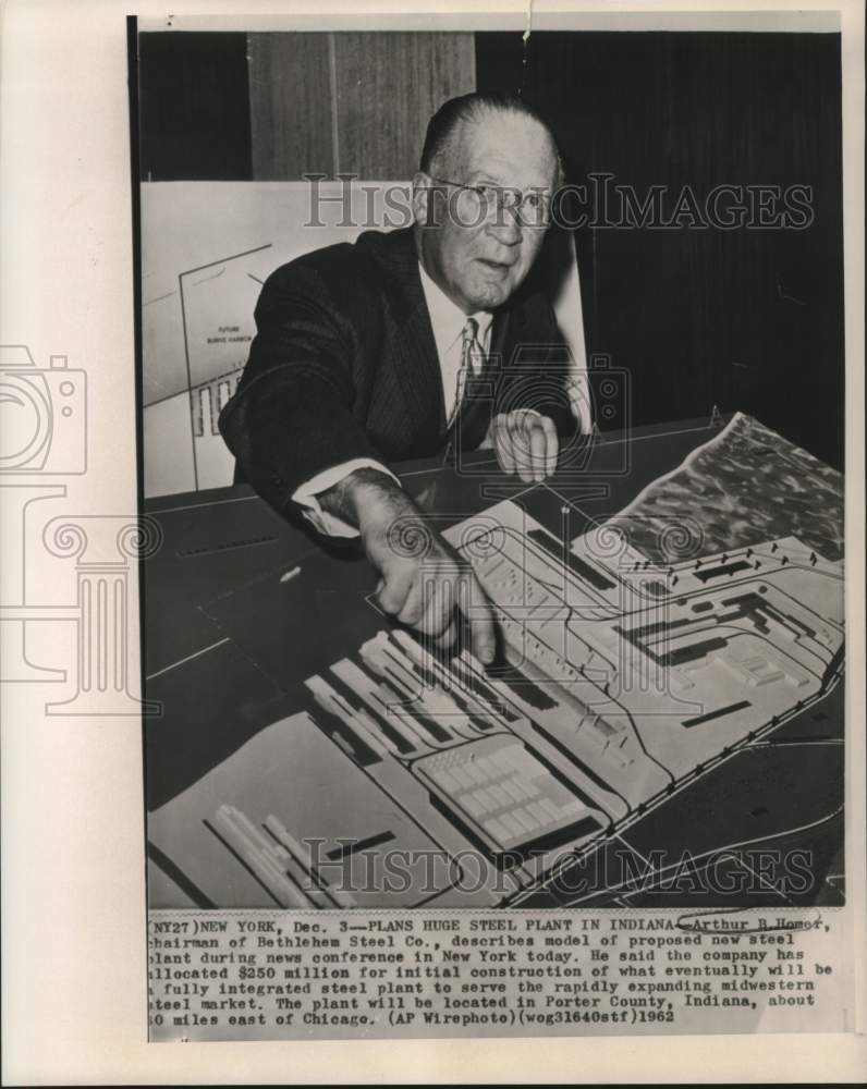 1962 Arthur Homer of Bethlehem Steel shows new steel plant model - Historic Images