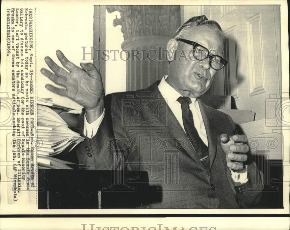1969 Senator Roman Hruska gestures at Senate Press Gallery - Historic Images