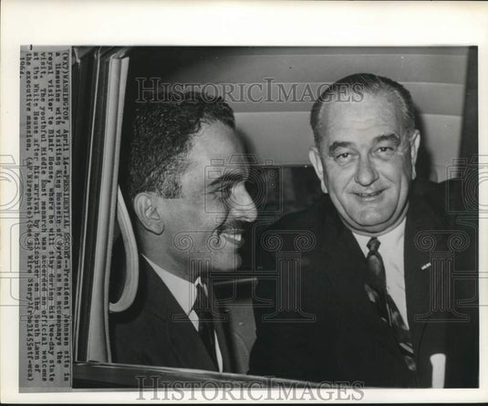 1964 Jordan's King Hussein and President Johnson confer in limousine - Historic Images